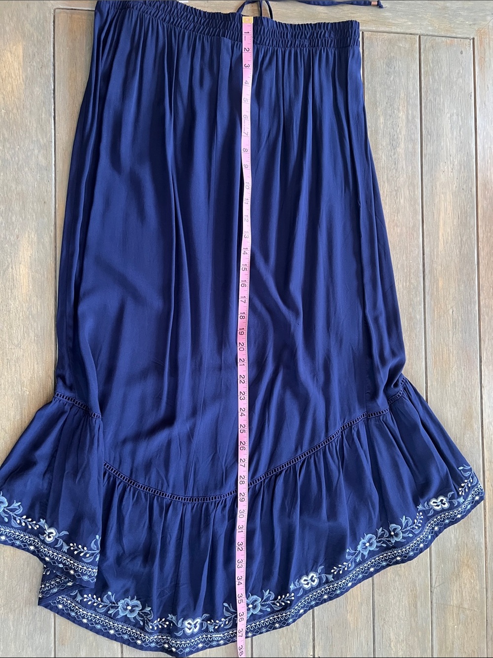 Time and Tru Navy Maxi Skirt with White and Blue Floral Embroidered Hem - Picture 9 of 14